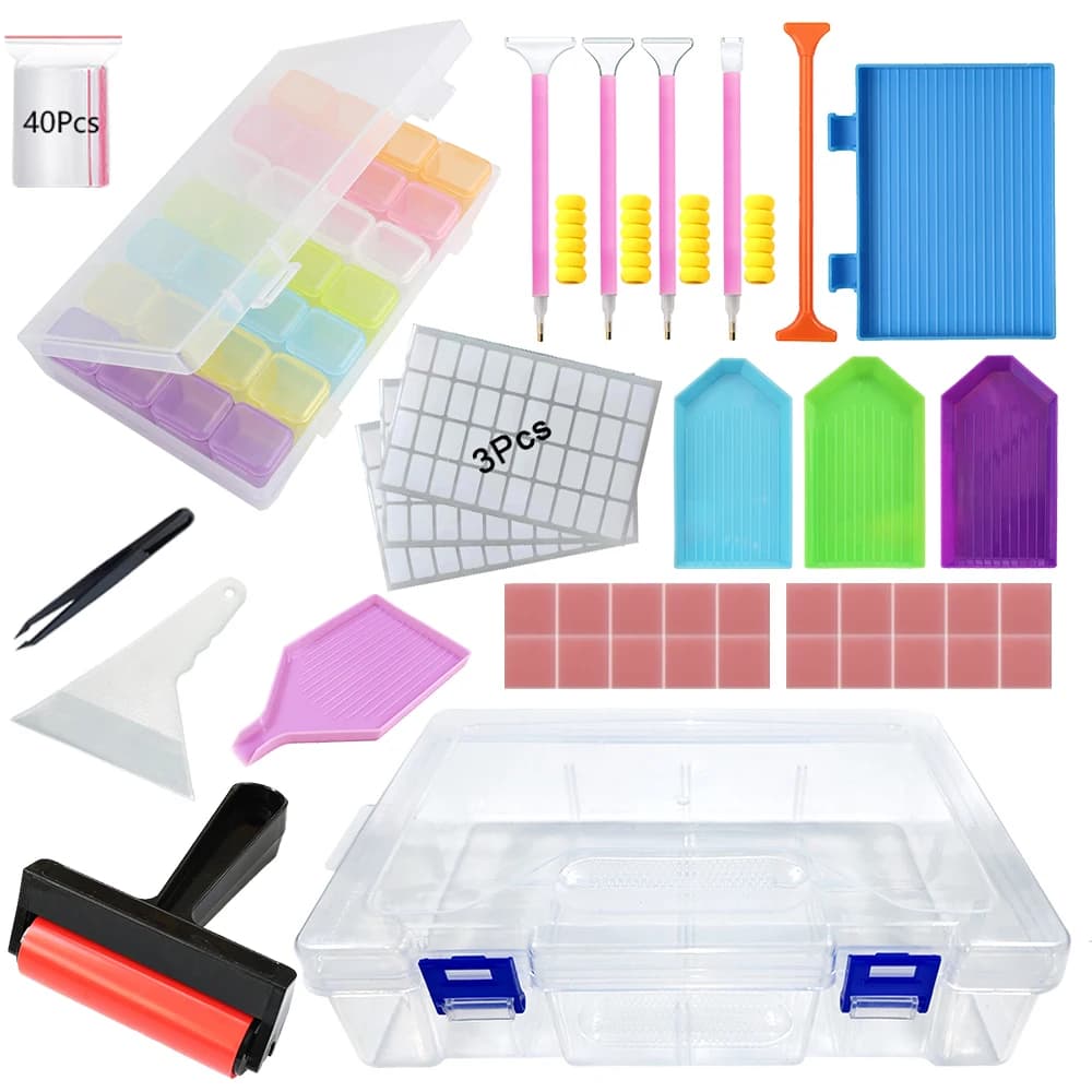 Kit di Strumenti per Diamond Painting con Scatola Portaoggetti, 28 Griglie, Fogli Etichettatori, Penne per Diamanti, Rullo Multiuso, Vassoio, Cera, Set di Accessori Fai da Te 5D