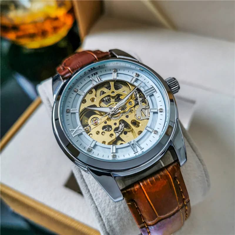 Orologio Automatico da Uomo con Quadrante Scheletrato in Acciaio Inossidabile, Diamanti, Luminoso, Impermeabile, Cinturino in Vera Pelle