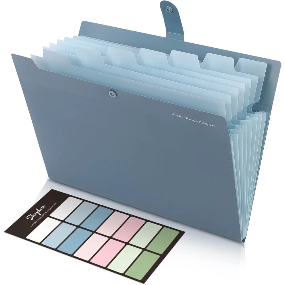Organizzatore di Documenti Espandibile Formato Lettera Blu con 8 Tasche, Cartella a Fisarmonica per Documenti, Fatture, Ricevute, Casa e Scuola