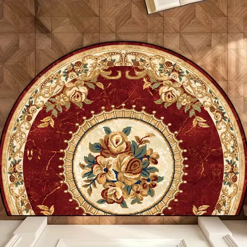 Tappeto Semicircolare Rosso e Oro Stile Etnico, Tappeto Stampato Bohemien per Soggiorno, Camera da Letto, Ingresso Stile Rustico