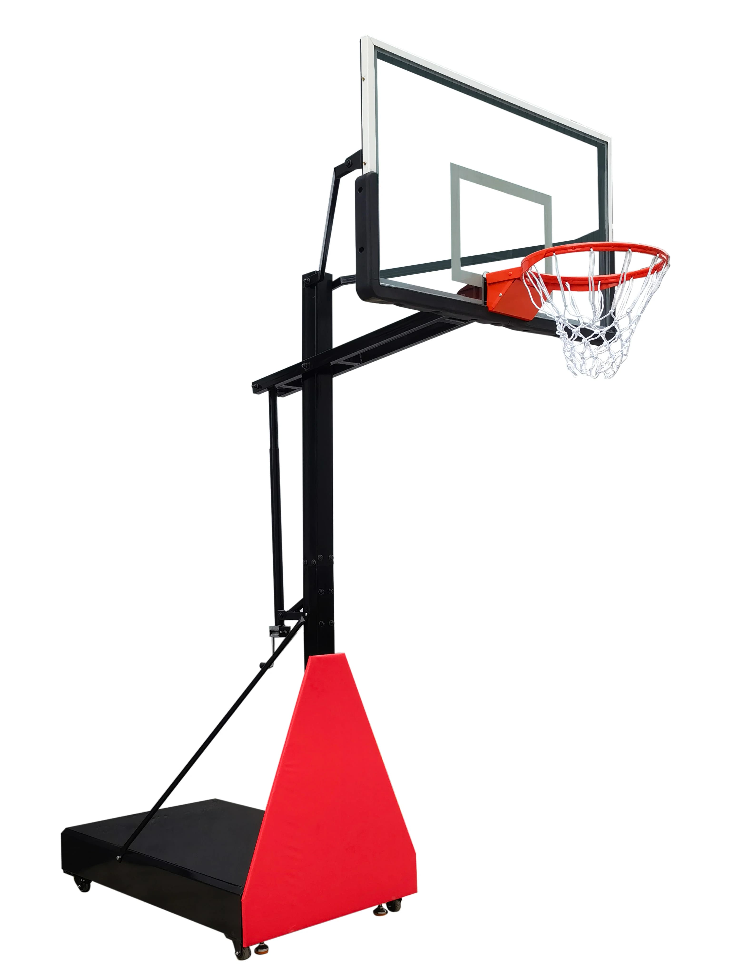 Canestro da basket mobile regolabile in altezza con pannello posteriore in vetro temperato, adatto per uso interno ed esterno. Promozione vendite.