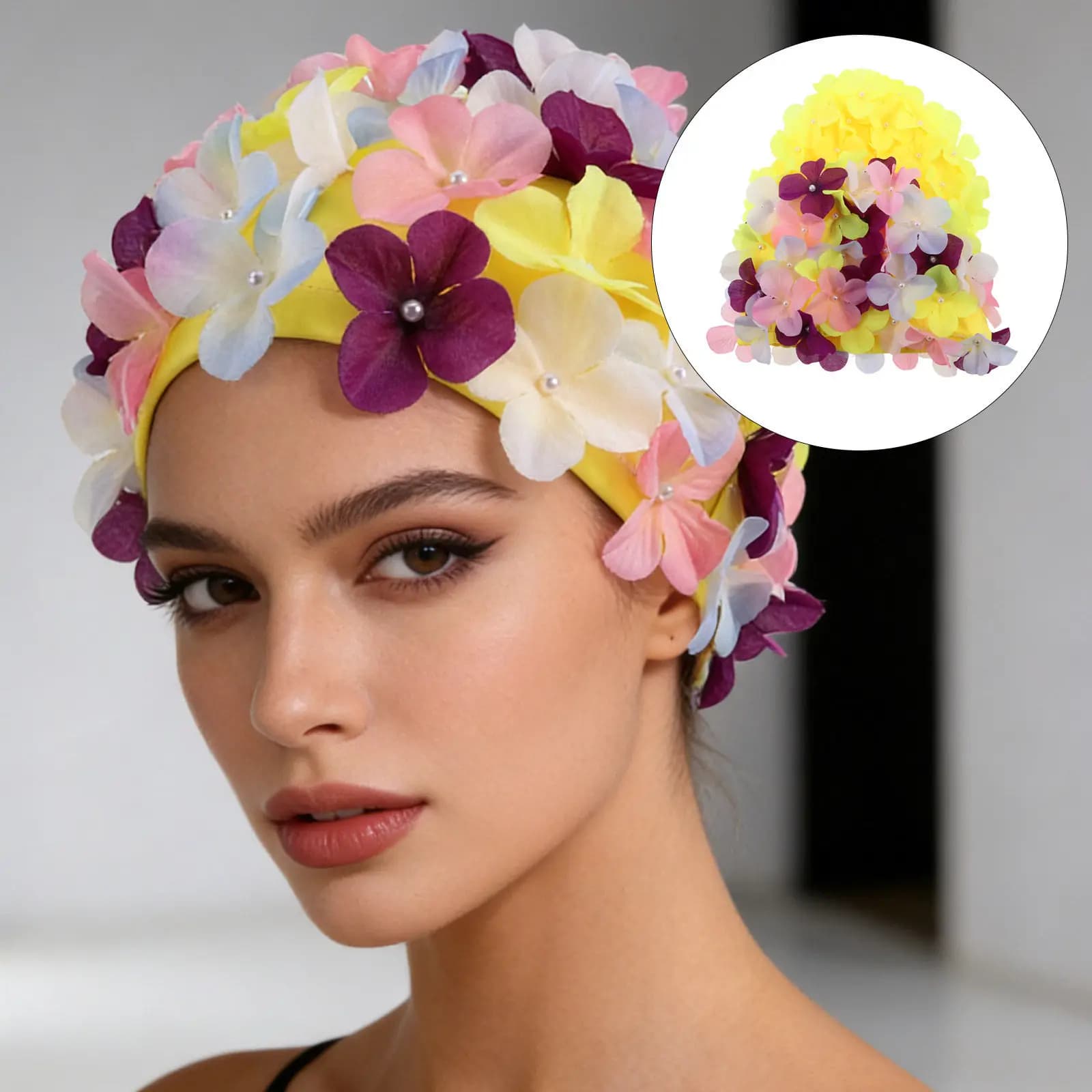 2 Pezzi Cuffia da Nuoto Floreale in Morbido Nylon con Motivo Floreale 3D, Cappello da Bagno per Protezione Capelli, Piscina, Spiaggia, Donna, Adulto