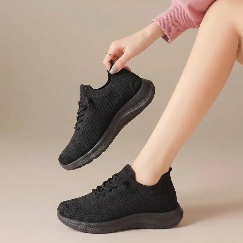 Summer Ladies Breathable Mesh Walking Shoes Non Slip Light Elastic Shoelace Soft Sole Knit Casual Sneakers For Daily Outdoor