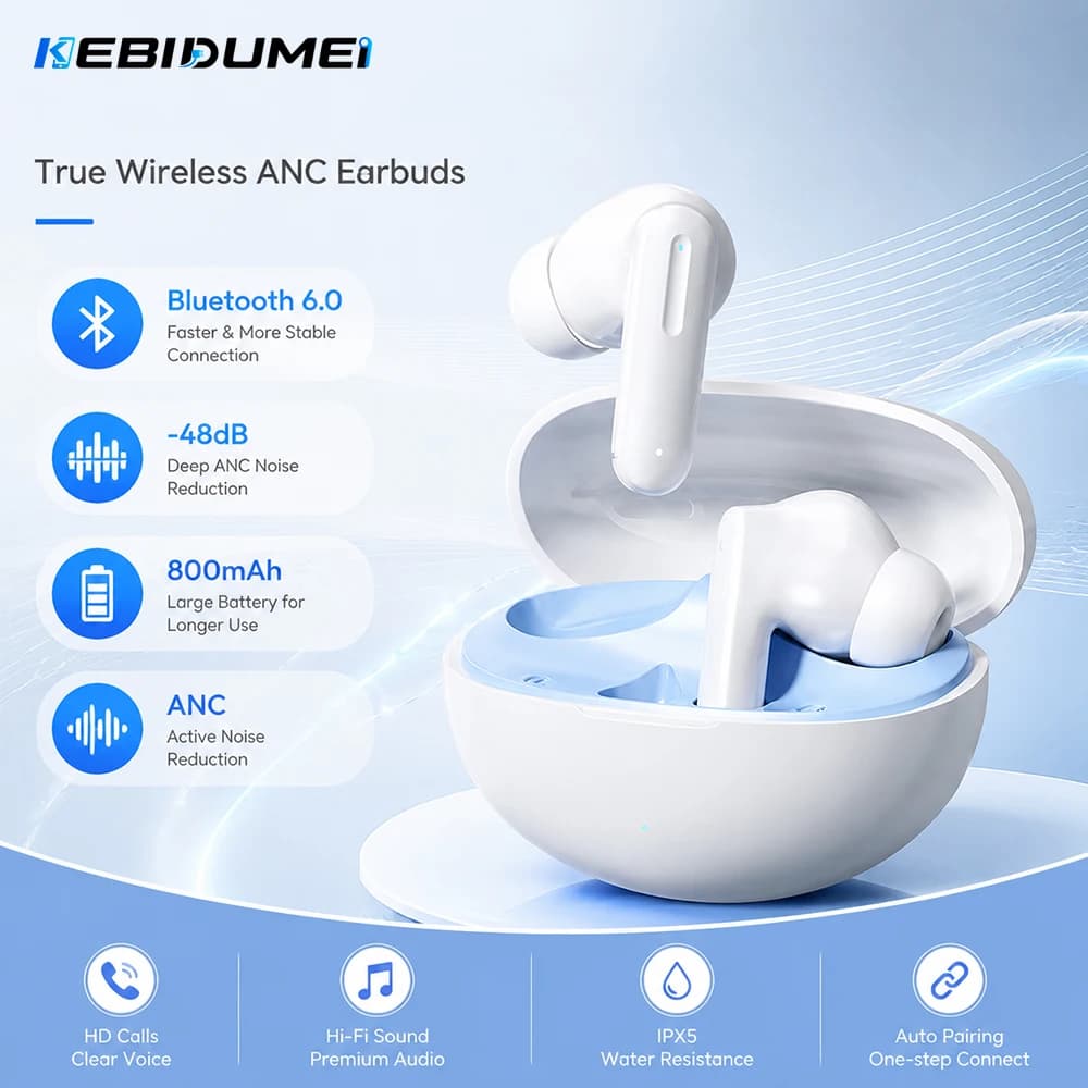 KEBIDUMEI Bluetooth 6.0 in-Ear Earphones 6-Mic -48dB Noise Cancelling ANC Headphones HiFi Stereo True Wireless Gaming Headsets