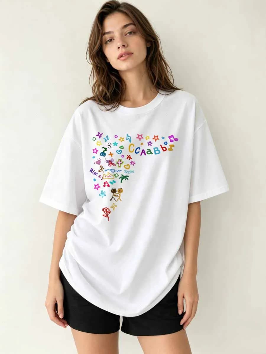 T-shirt da ragazza in cotone a maniche corte, luminose per il giorno, con design alla moda, casual, fresche e trasparenti per tutti i giorni