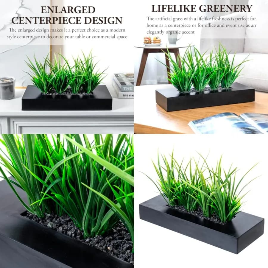 Grandi Piante Artificiali di Erba Verde in Vaso Decorativo in Legno Opaco, Fioriera Rettangolare in Legno con Vegetazione Finta da Tavolo