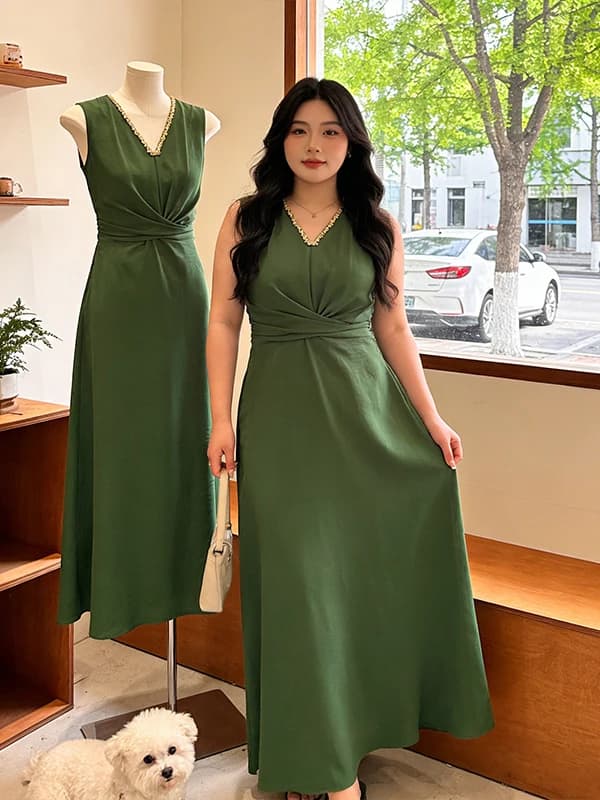 Abito smanicato verde scuro con scollo a V e cintura, taglie forti, nuovo stile estivo da donna, vestito modellante con cintura
