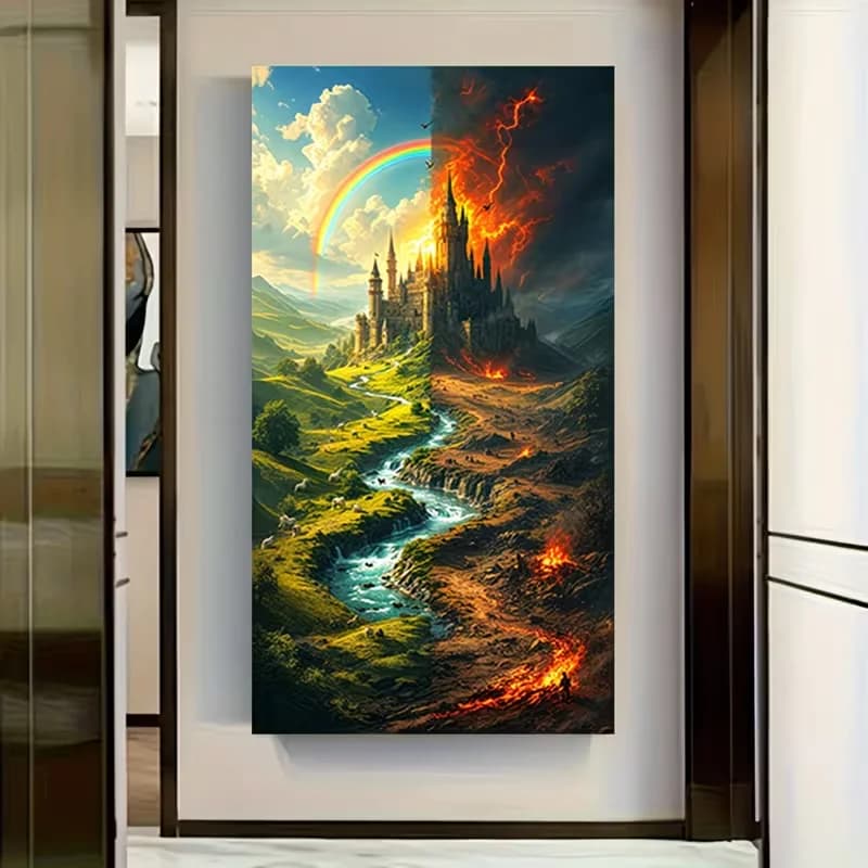 DIY 5D Diamond Painting Kit,Ice and Fire Castle Landscape Full Drill Diamond Art, Mosaic Cross Stitch for Home Decor Gift