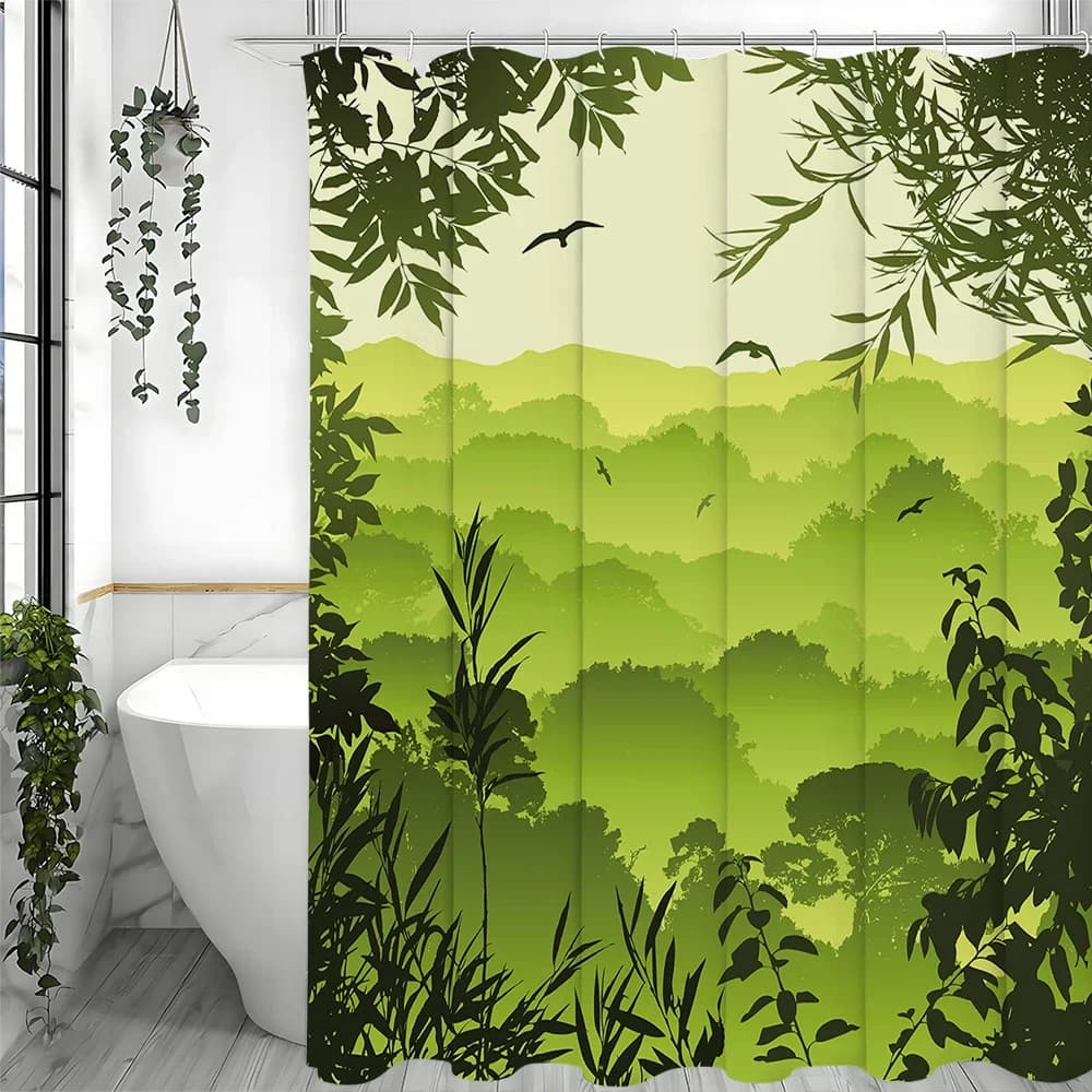 Tenda da doccia Green Forest, tenda da doccia decorativa per bagno, tenda da doccia impermeabile con ganci