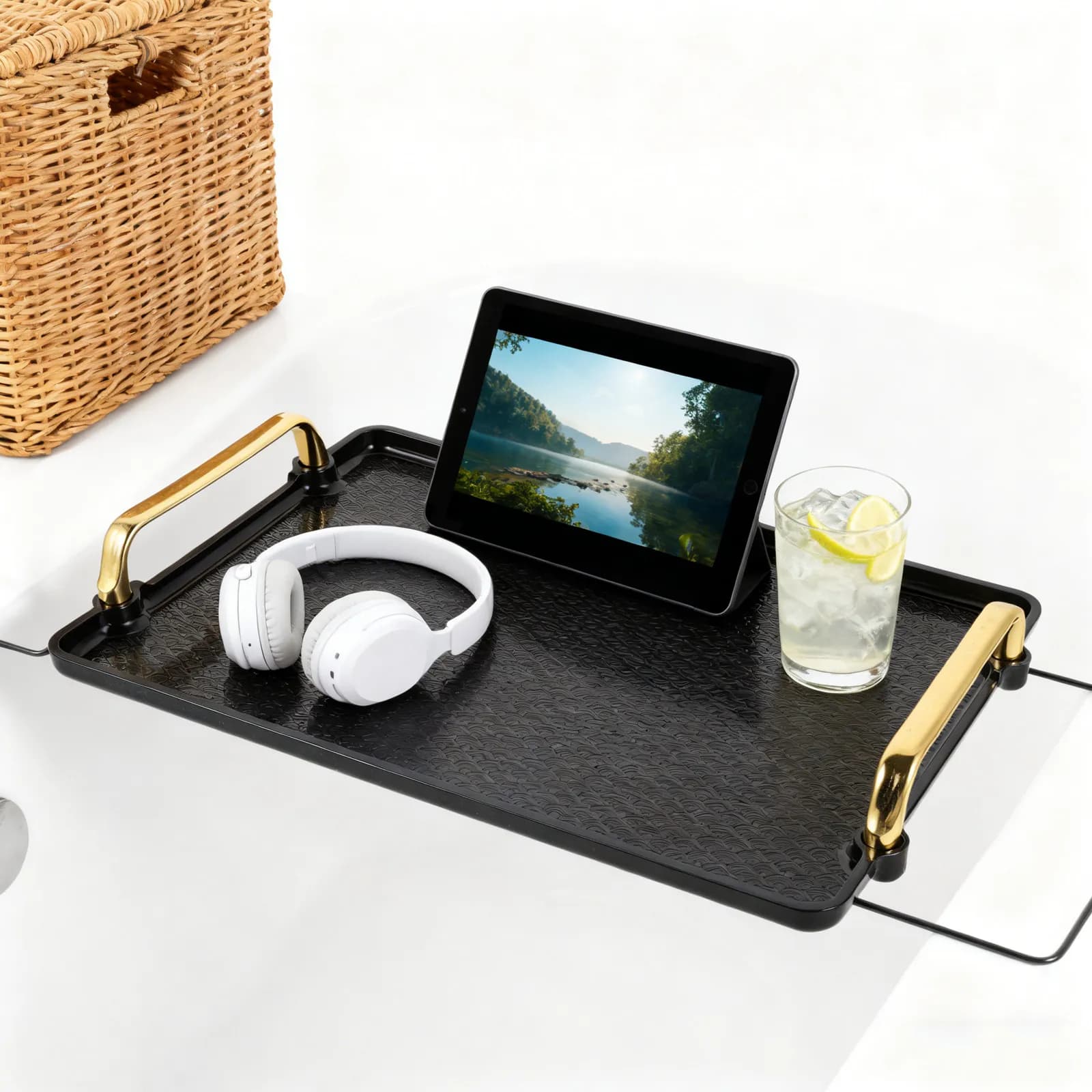 Vassoio per Vasca da Bagno Nero Minimalista, Mensola Rettangolare per Bagno, Organizer per Gioielli, Vassoio da Appoggio, Piatto per Servire la Colazione nel Bagno