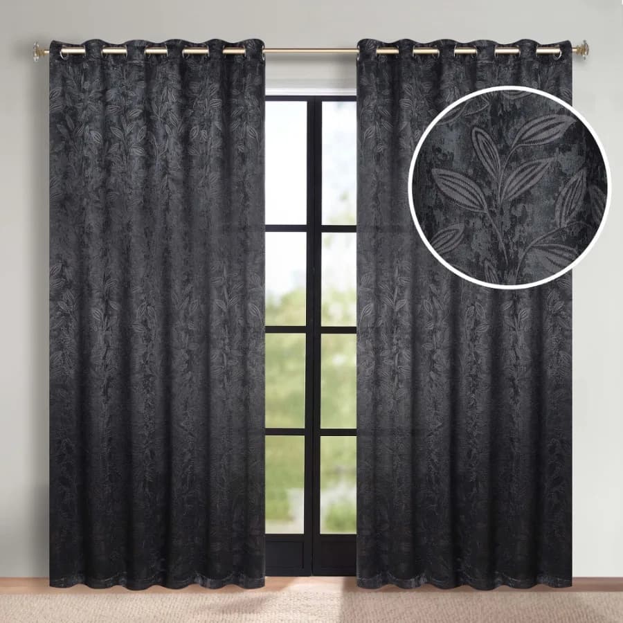 Blackout Leaves Curtains Set of 2 Light Filtering Grommet Curtain Panel Set Black 70"W x 84"L