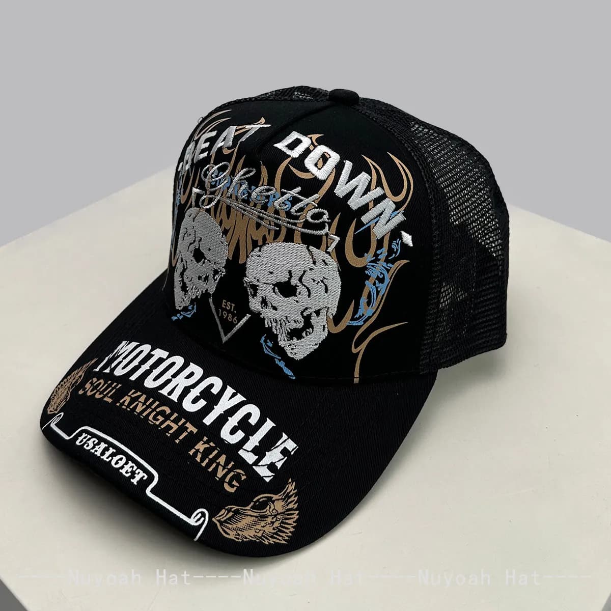 Skull Flame Embroidery Hard Top Trucker Hat Spring Summer New Dark Wind Heavy Craft Breathable Unisex Street Baseball Cap