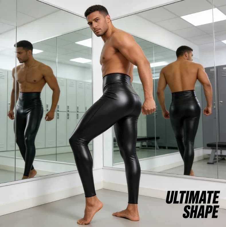 Pantaloni da uomo in pelle elasticizzata a vita alta, modellanti e contenitivi, a lunghezza 7/8, per fitness e look slim.