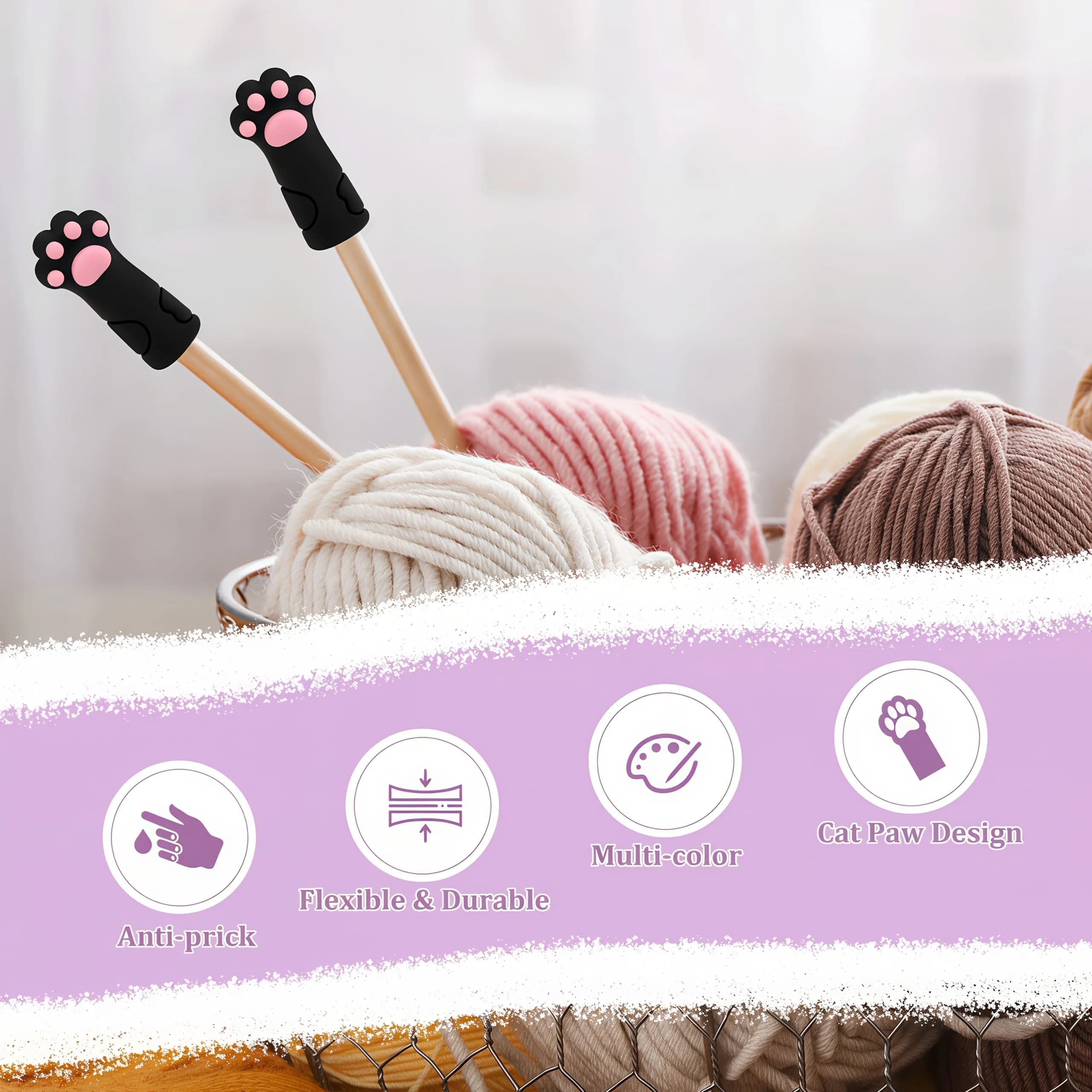 2Pcs Cat Paw Knitting Needle Stoppers, Tip Protectors for Size 11-17 Needles, Cute Knitting Accessories