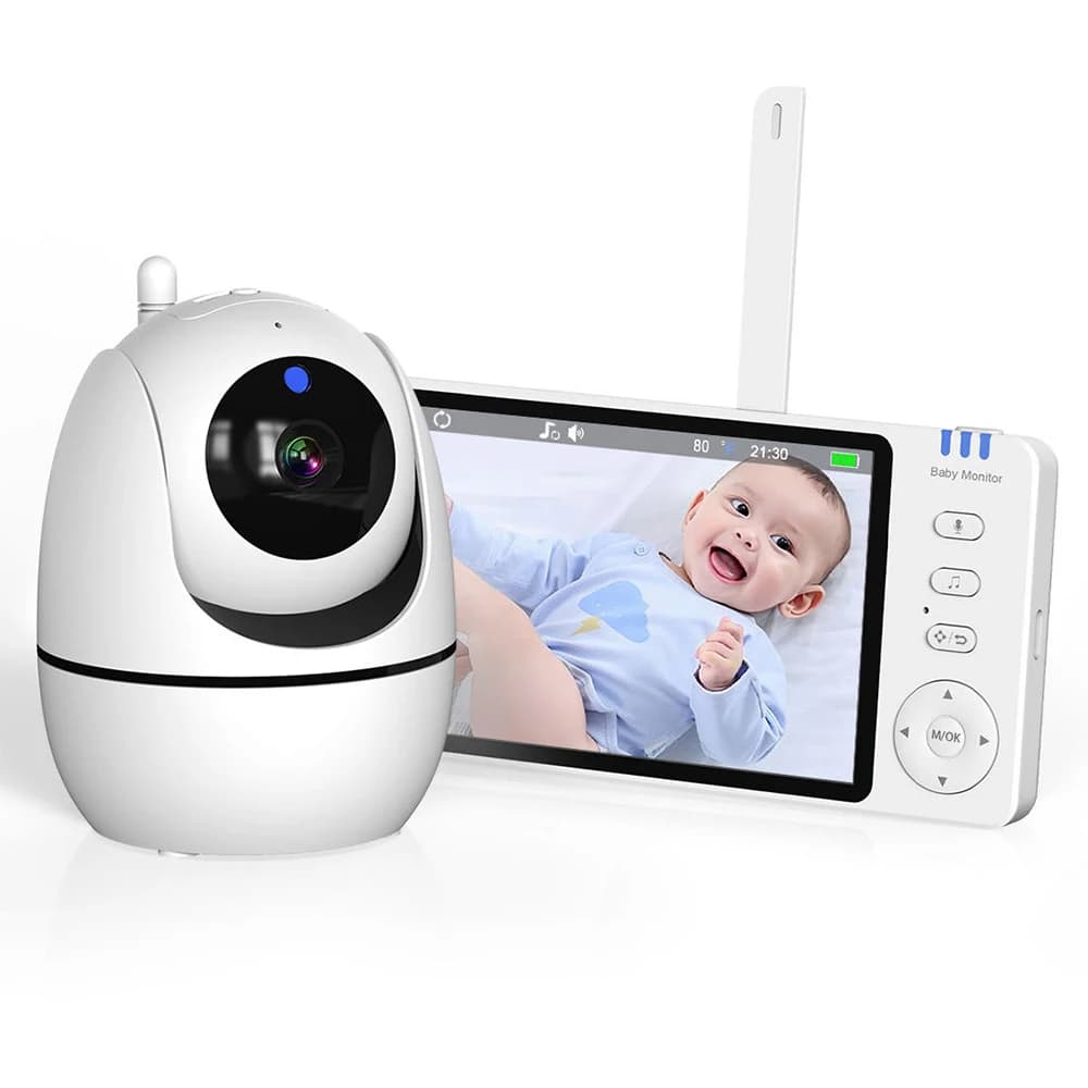 Baby monitor wireless 1080P con interfono per ninne nanne, rilevamento della temperatura ambiente e display digitale da 5 pollici