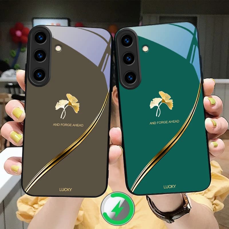 Gold foil ginkgo leaves For Samsung S26 S25 Edge S25Ultra S20 S21 Pro S22 Plus S23 FE S24 Ultra For Magsafe Glass Phone Case