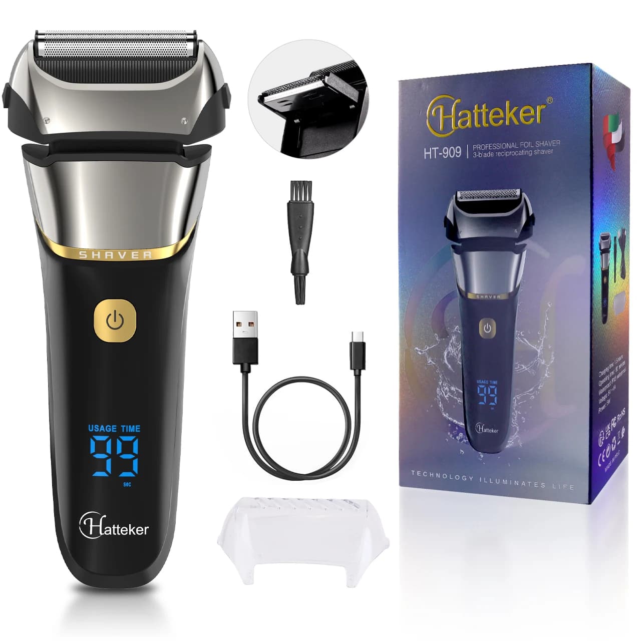 Hatteker 4D Electric Razor Lamina For Men Rechargeable Barba Razor Trimmer Machine IPX6 Washing 8000 rpm For Barbiere HT-909