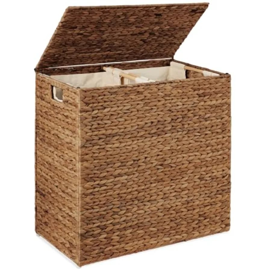 Cesto portabiancheria grande doppio con coperchio, in giacinto d'acqua naturale intrecciato a mano, design a 2 scomparti con sacchi interni in lino lavabili in lavatrice