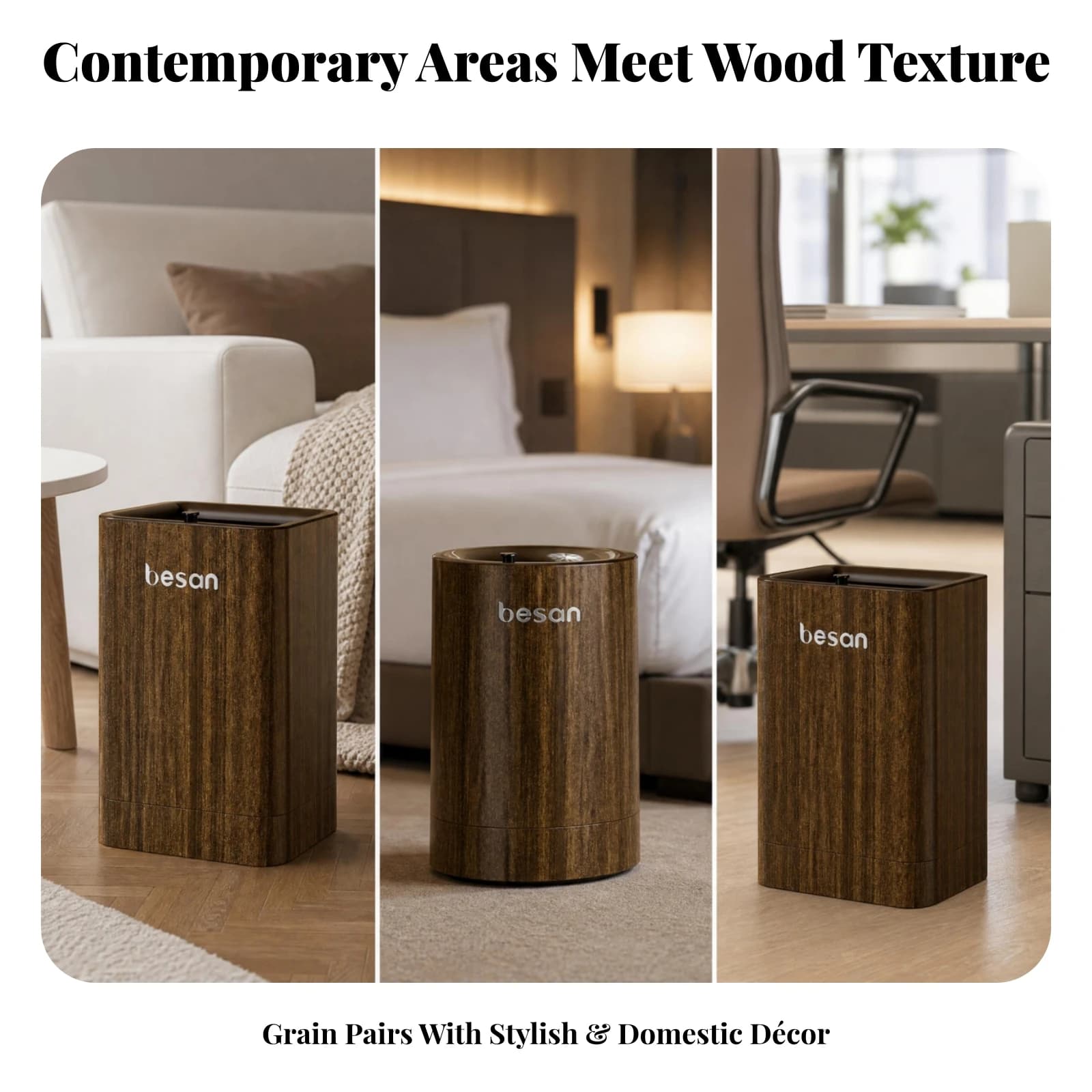 Concealed Wheels Decorative Design Wood-Grain Trash Can Wood Wastebasket Freestanding Household Storage Trash Can