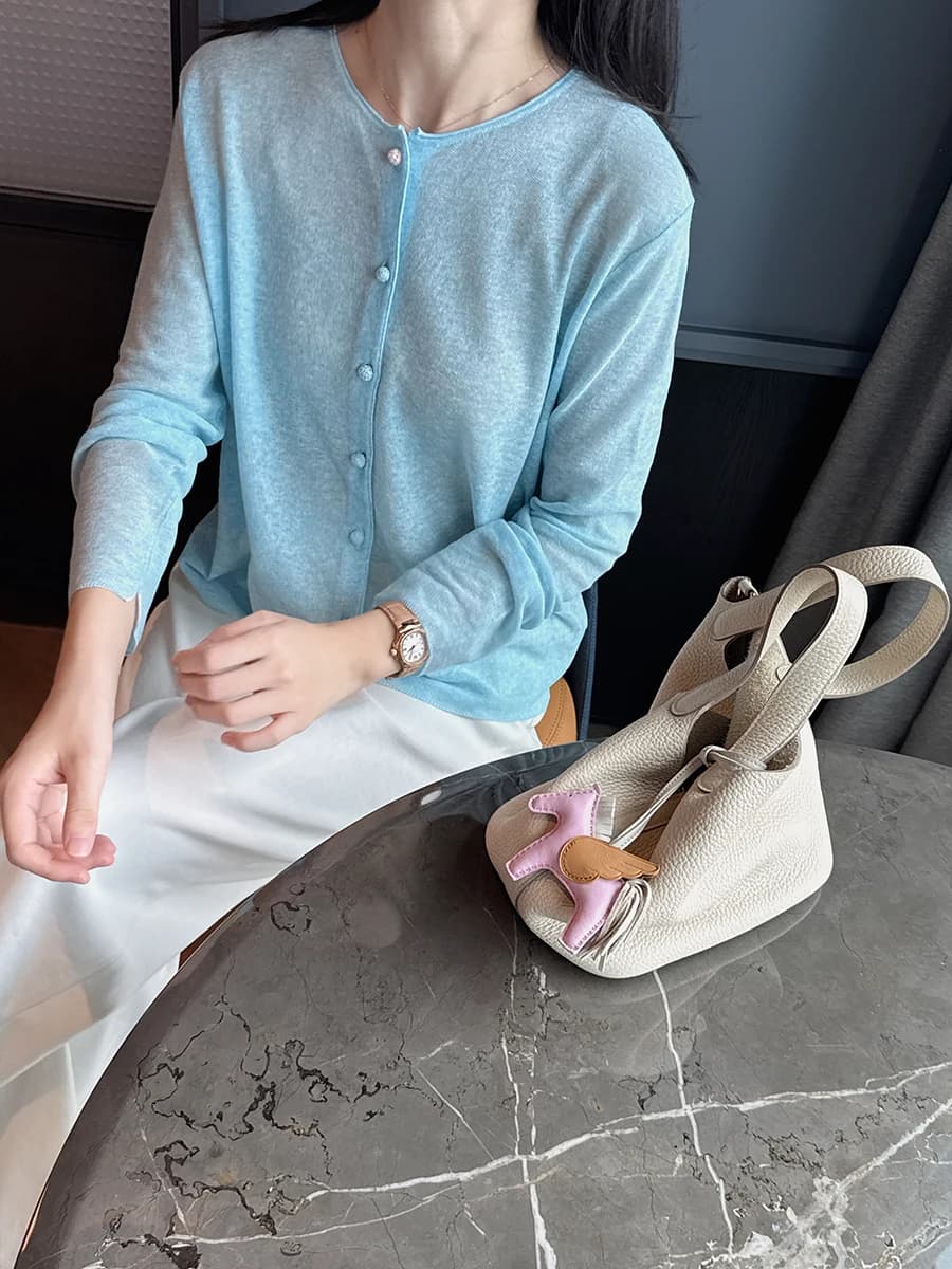 Cardigan Aperto da Donna in Maglia Delicata a 16 Aghi con Maniche in Cotone e Lino, Stile Morbido, a Blocchi di Colore, a Maniche Lunghe