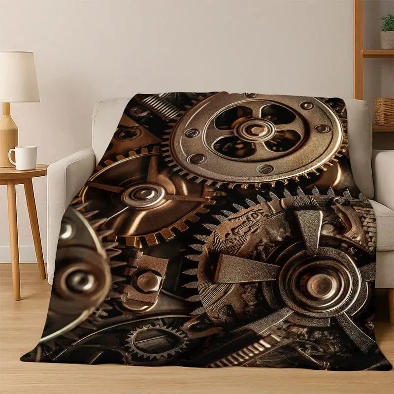 Retro Metal Mechanical Wheel Gear Flannel Blanket Soft Warm Blanket Throw Blanket for Bedroom Living Room Bed Travel Picnic Gift