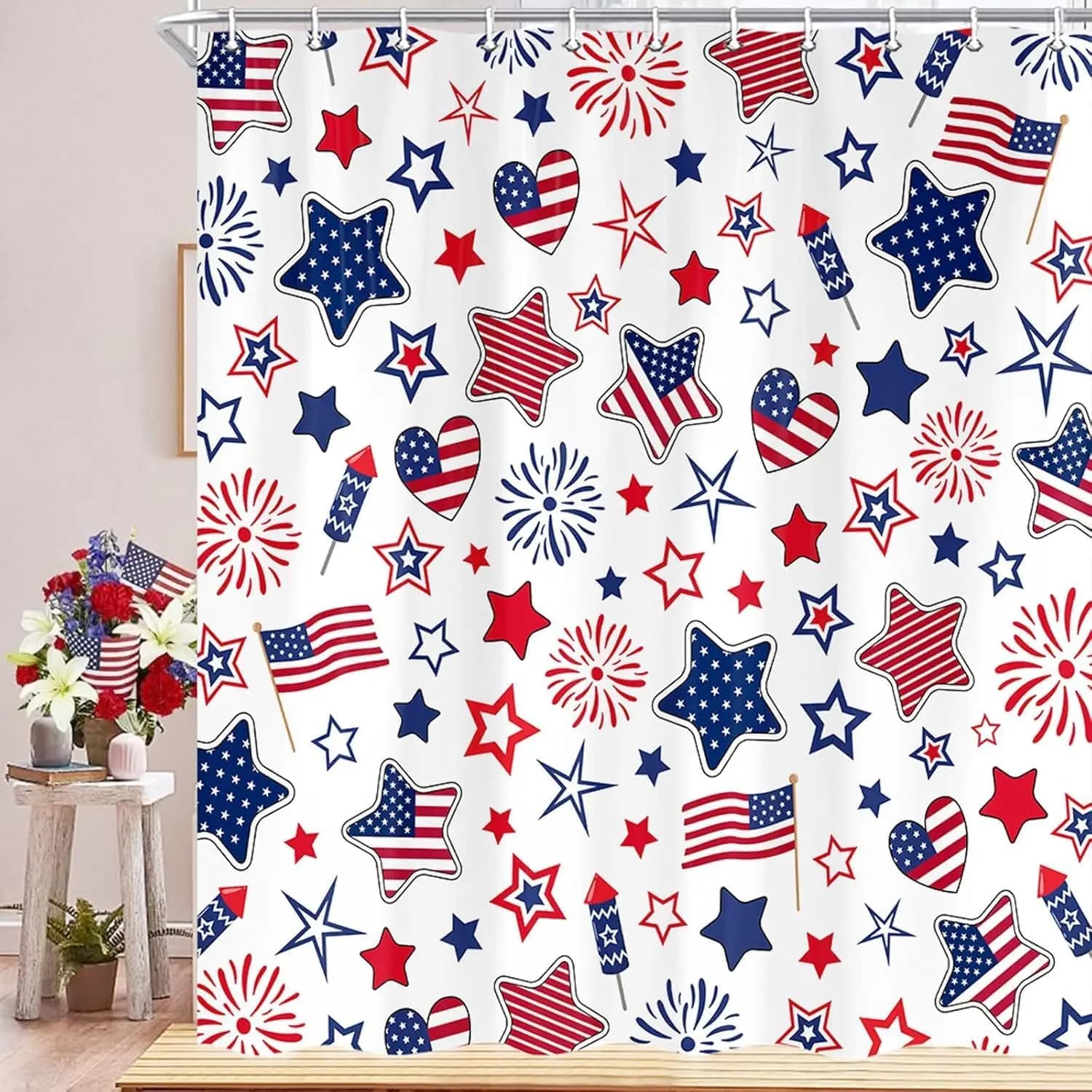 Tenda da doccia con bandiera USA per il 4 luglio, per il Giorno dei Veterani, patriottica, blu, rossa, con stelle, in tessuto impermeabile per l'arredamento del bagno con ganci