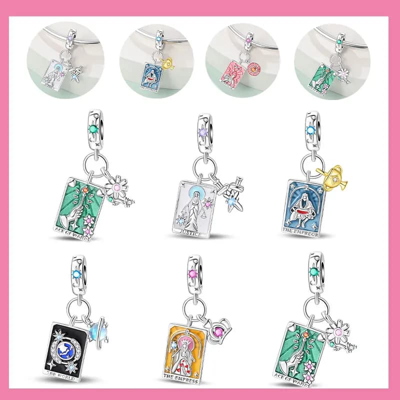 925 Sterling Silver Tarot Card Charms Beads Fit Original Bracelet Bag Keychain Earring Charm Bead Pendant Diy Women Jewelry Gift