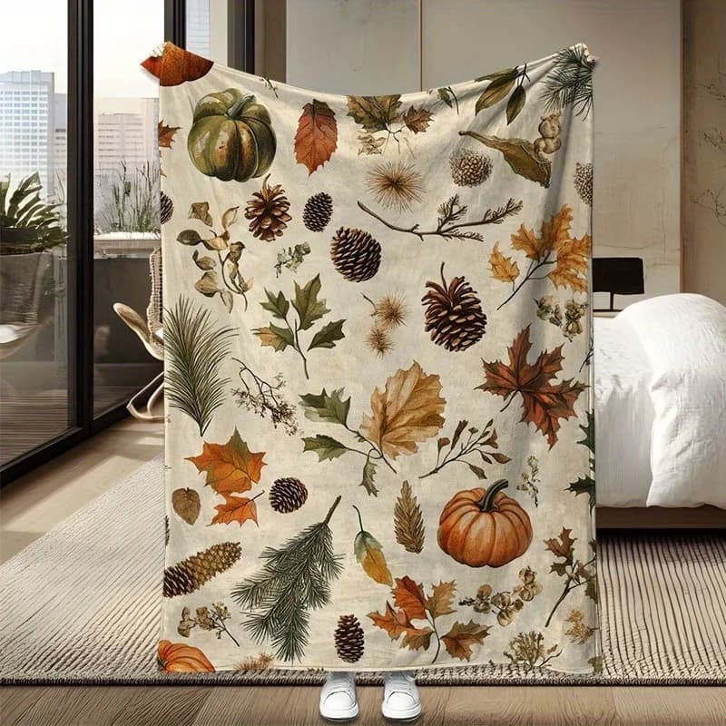 1 coperta accogliente in flanella con foglie autunnali e design a forma di zucca: morbida, calda e perfetta per i pisolini del divano