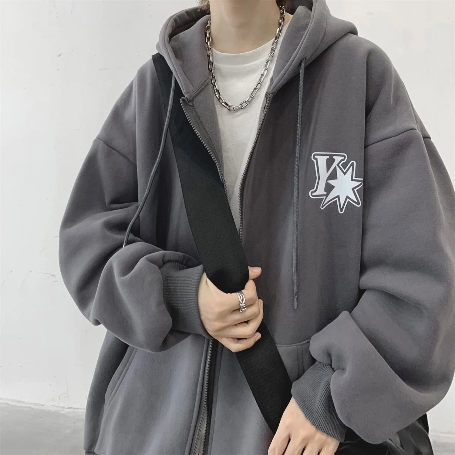 Felpa con Cappuccio da Uomo Pesante, Stile American West Coast, Primavera Autunno, Cardigan Aperto Rigido e Trendy, Top Sportivo Oversize