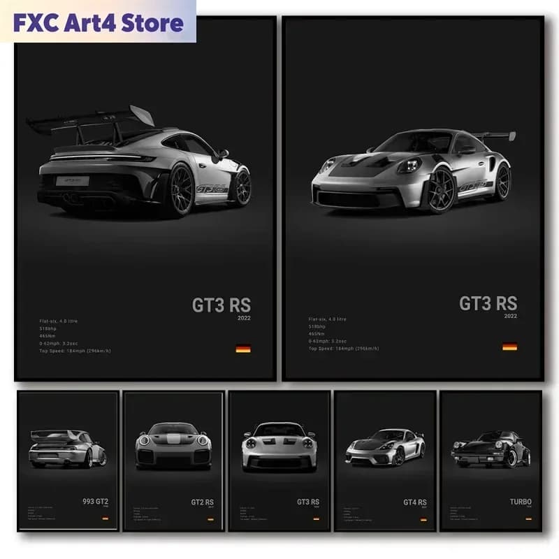 Frameless Pop Black And White German Luxury Sports Car Poster Wall Art 911 GT3 RS Turbo HD Oil On Canvas Print Garage Living Roo