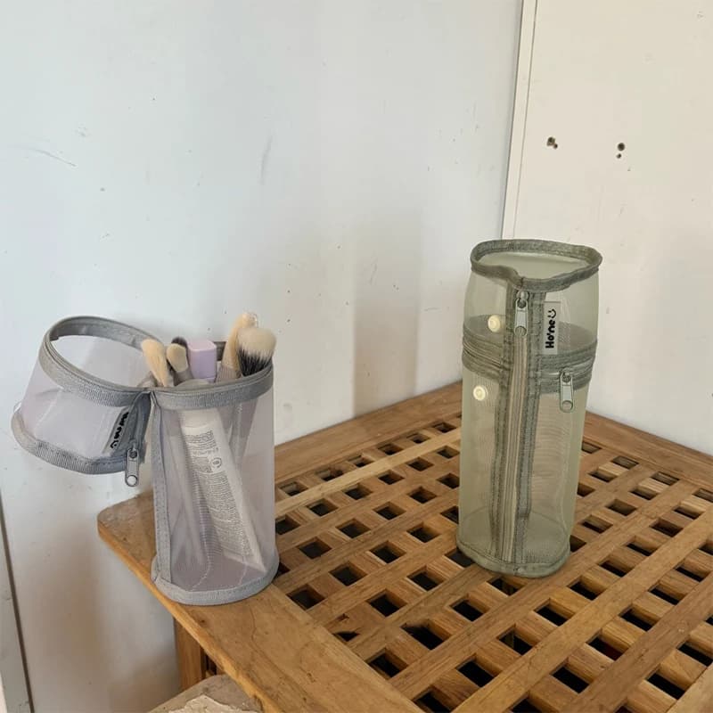1PCS Mesh Dual-use Makeup Brush Storage Bag Portable Brush Case Simple Large Capacity Brush Bucket Holder Travel Stand-up Pouch