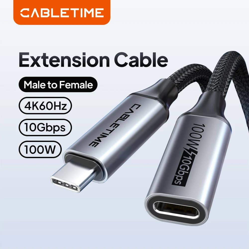 Cavo di prolunga USB-C CABLETIME Gen 2 10Gbps PD100W a ricarica rapida da maschio a femmina per Xiaomi Switch