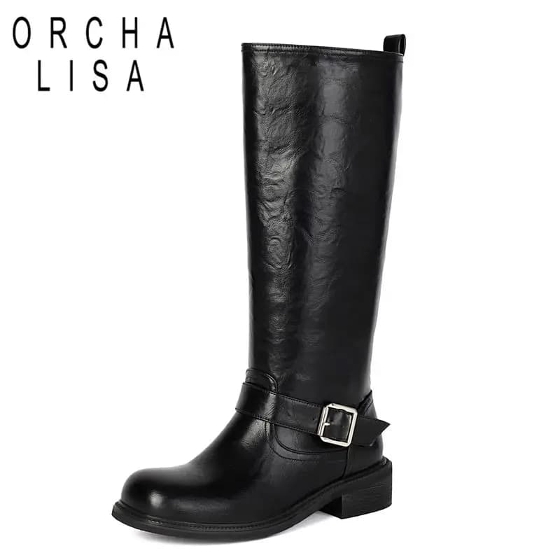 ORCHA LISA 2025 Retro Women Knee High Boots Round Toe Thick Heels 3.5cm Slip On Belt Buckle Large Size 45 46 47 Casual Booties