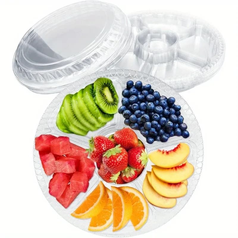 20 Packs Round Veggie Tray with Lid Fruit Tray 6 Divided Compartment Container Food Serving Dip Platter Reusable Catering Trays