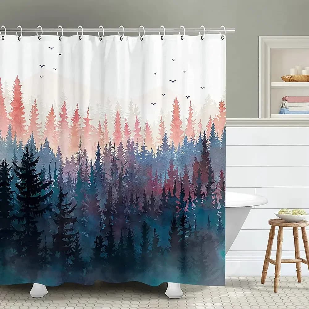 Foresta natura paesaggio tenda da doccia montagna pino albero rustico nebbioso rosa arte tessuto impermeabile tende da bagno con ganci