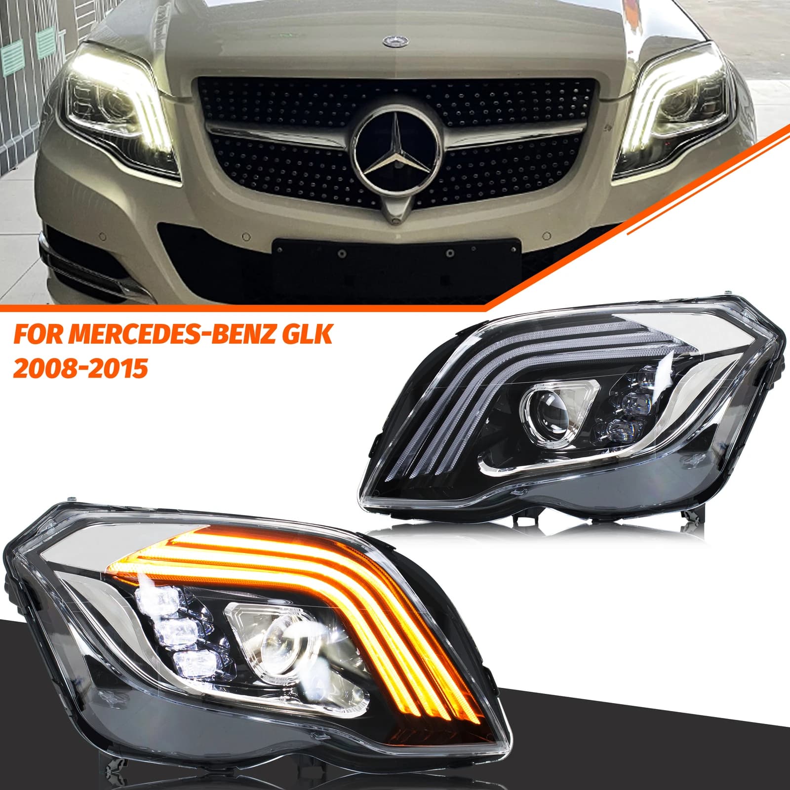 LED Sequential Headlights for Mercedes Benz GLK350 GLK250 2013-2015 Front Lamps