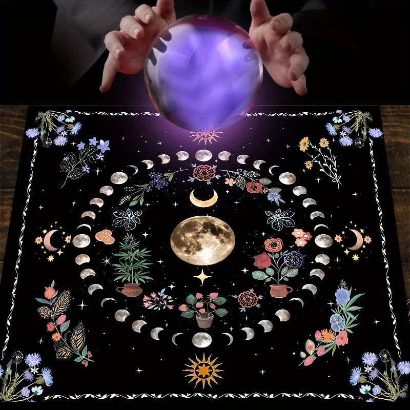 Tovaglia per Tarocchi VIKAMA con Fasi Lunari e Fiori, Tappeto per Cerimonie Magiche e Spirituali, Tappetino per Divinazione Astrologica