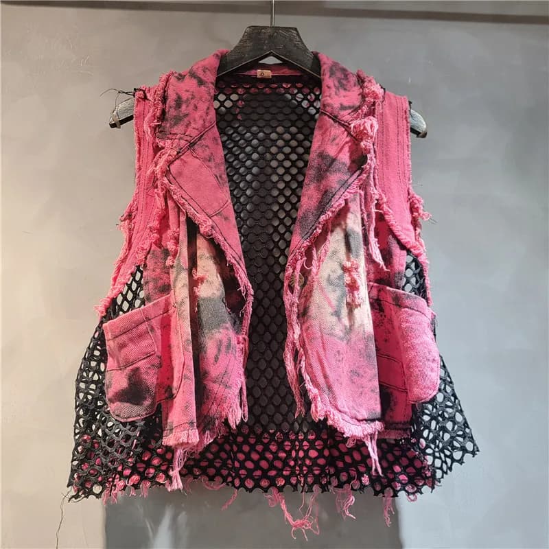 Gilet di jeans effetto lavato Maglia autunnale Patchwork Jeans sottili Gilet Rete da pesca Canotte da cowboy Cardigan con colletto rovesciato