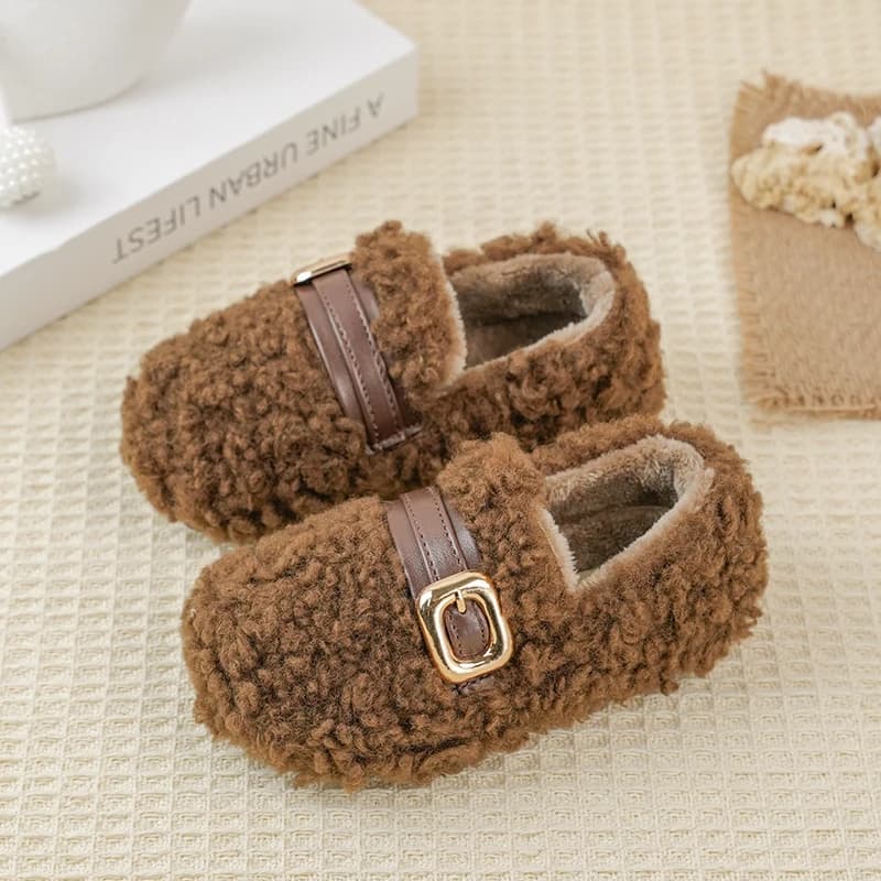 Kids Furry Winter Loafers Metal Buckle Decor Warm Fleece Lining Soft Non‑Slip Rubber Sole Lightweight Girls Daily Casual Shoes
