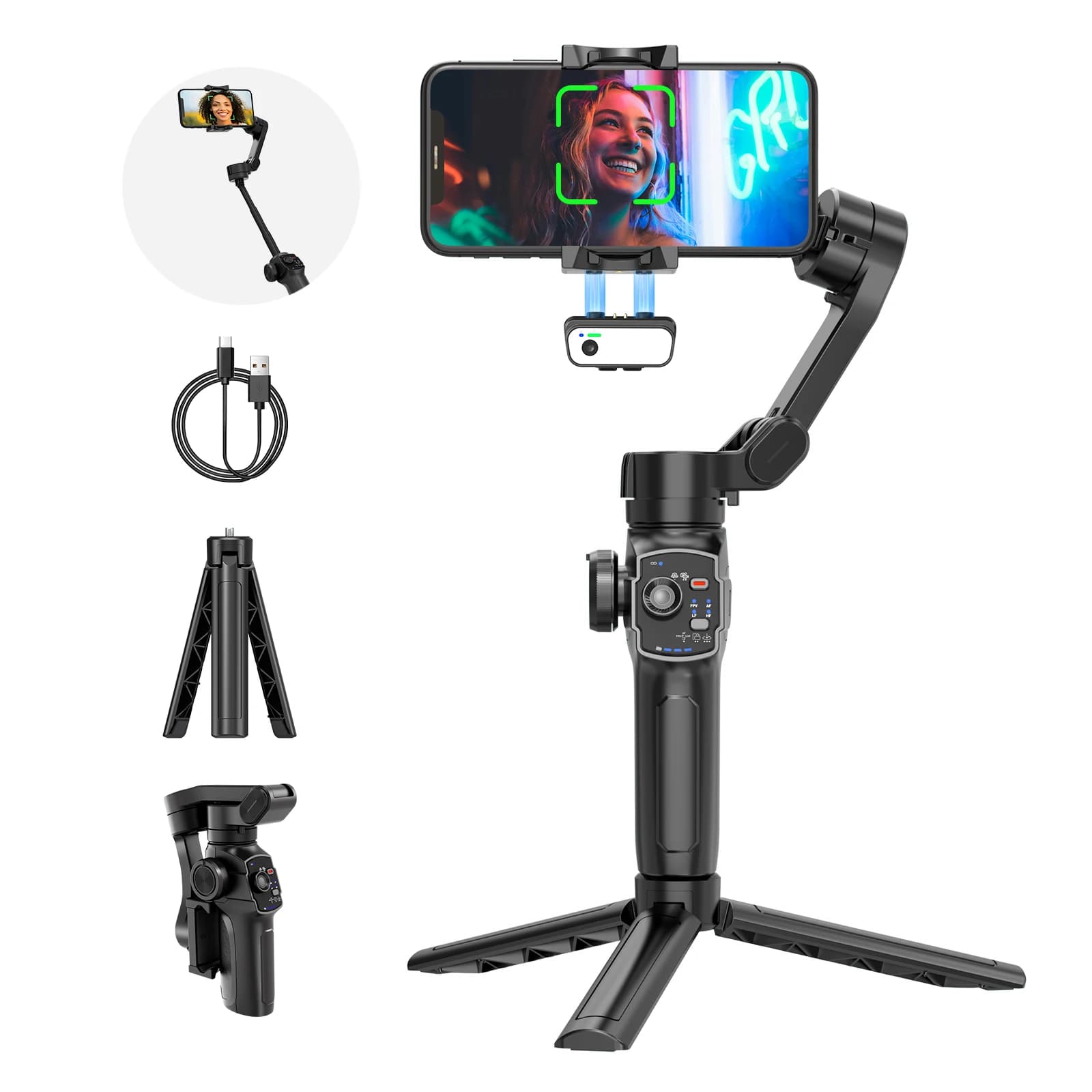Stabilizzatore cardanico a 3 assi diretto in fabbrica Supporto per telefono pieghevole con tracciamento Ai Asta di prolunga per selfie Mini treppiede wireless