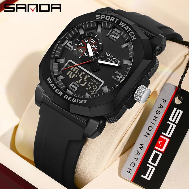 SANDA Men's Digital Analog LED Watches Multifunctional Light Waterproof Quartz Wrist Watch for Outdoor Sports