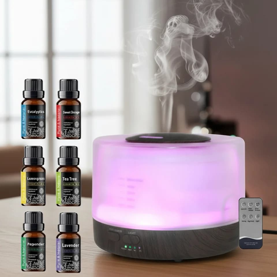 Diffusore di Aromi da 500ml, 6 Oli Essenziali, 7 Luci d'Atmosfera Colorate, Spegnimento Automatico, Funzionamento Silenzioso a Ultrasuoni