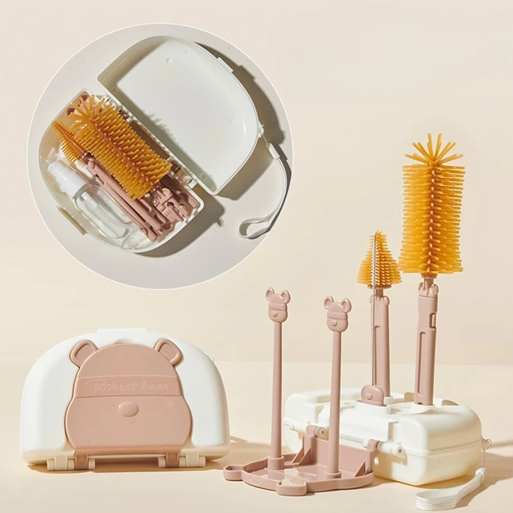 Set di spazzole per la pulizia di bottiglie 6 in 1 con spazzola per bottiglie in Silicone spazzola per paglia spazzola per capezzoli Dispenser di sapone scatola di immagazzinaggio stendibiancheria