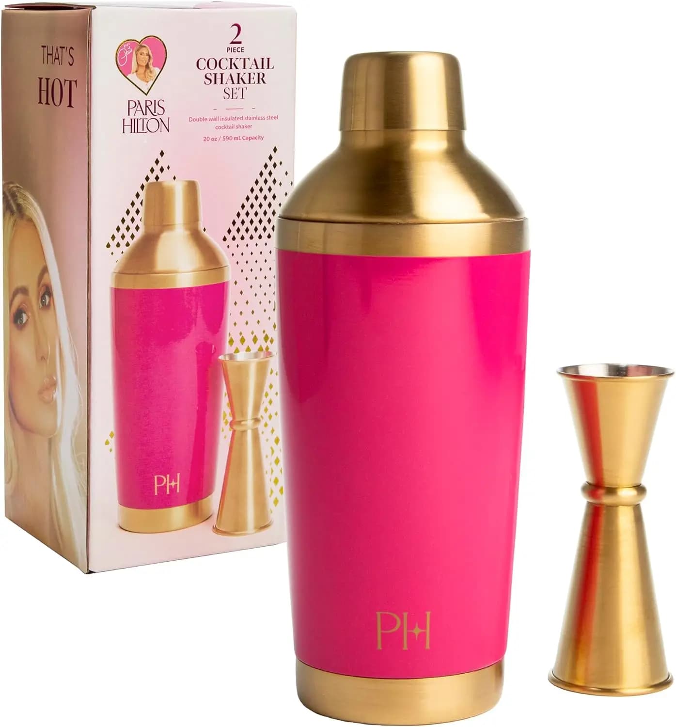 Set Shaker per Cocktail a 2 Pezzi, Mixer in Acciaio Inox a Doppia Parete Isolato con Colino Integrato e Jigger Bifacciale, 20 Once