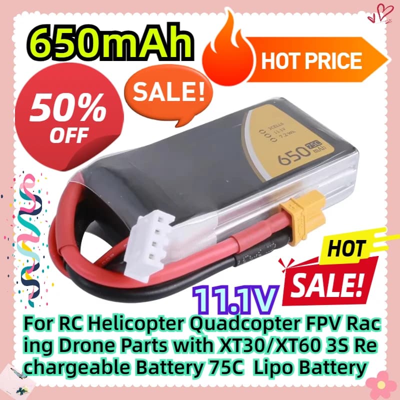 Per RC Elicottero Quadcopter FPV Racing Drone Parti con XT30/XT60 3S Batteria ricaricabile 650mAh 75C 11.1V Lipo Batteria