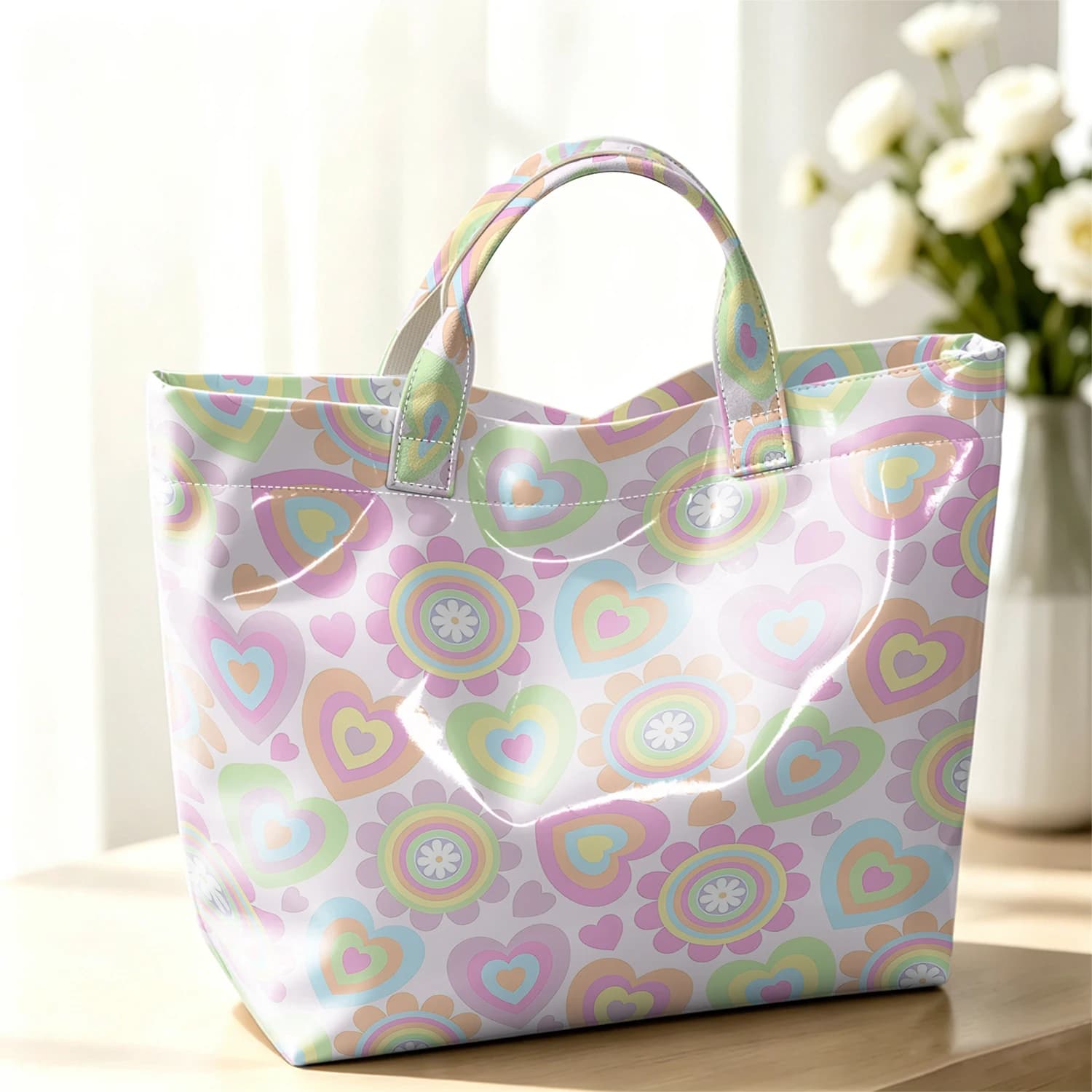 Rainbow Heart Daisy Hot Sale Large Glossy PVC Tote Bag Hand Washable Waterproof Great for Travel Commute Makeup Storage Handbags