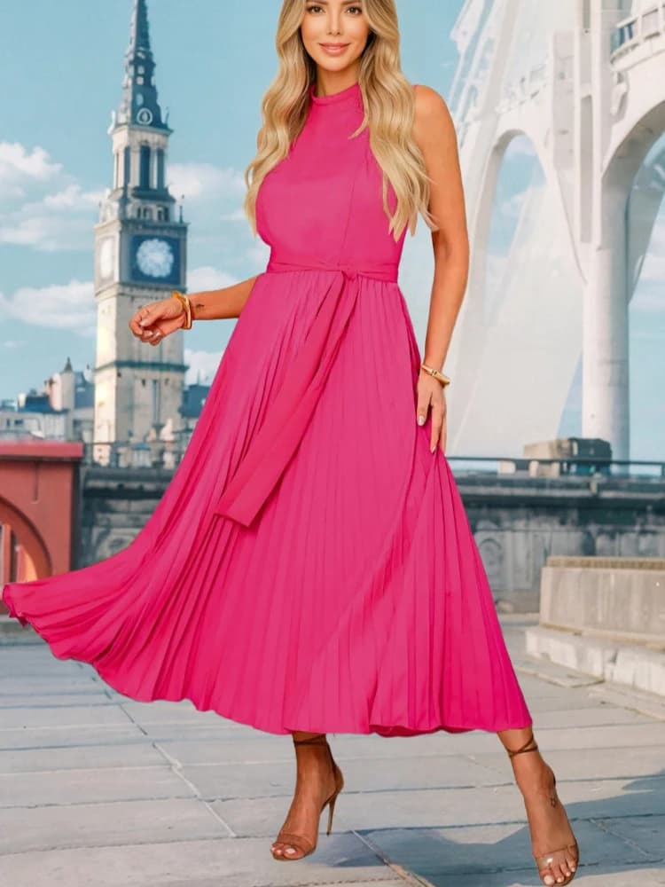 Abito da donna estivo 2026 senza maniche con scollo all'americana, plissettato, lunghezza midi, stile cocktail, linea ad A, fluido, da spiaggia, con cintura