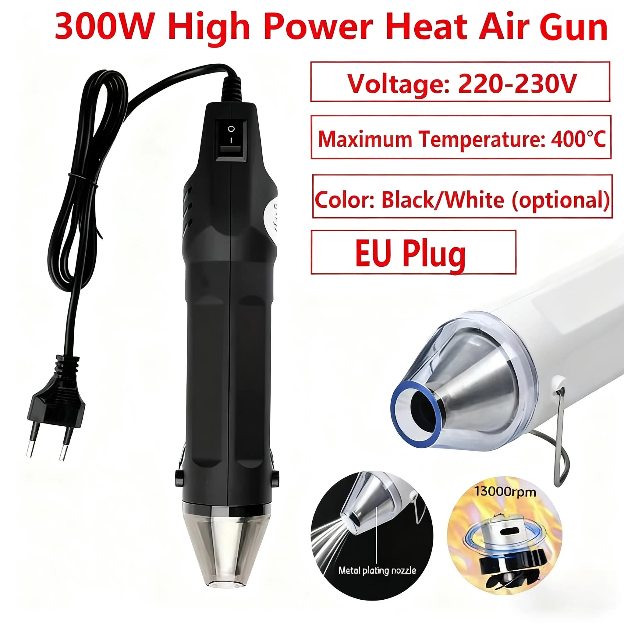 Ventola elettrica per pistola ad aria calda digitale ad alta potenza da 300 W Spina UE 400 ℃ Temperatura massima 13000 giri/min per strumenti di riparazione artigianali fai-da-te