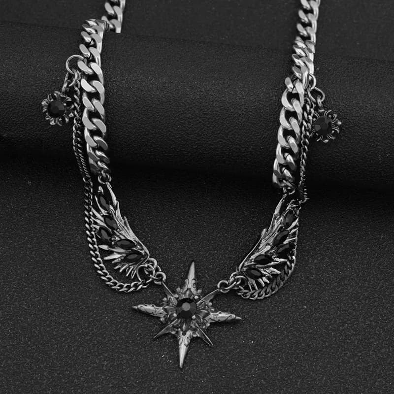 Collana con ali in stile dark, collana con gemma a forma di stella, collana con ali punk sexy e audaci per ragazza, catena per felpa, catena per collare