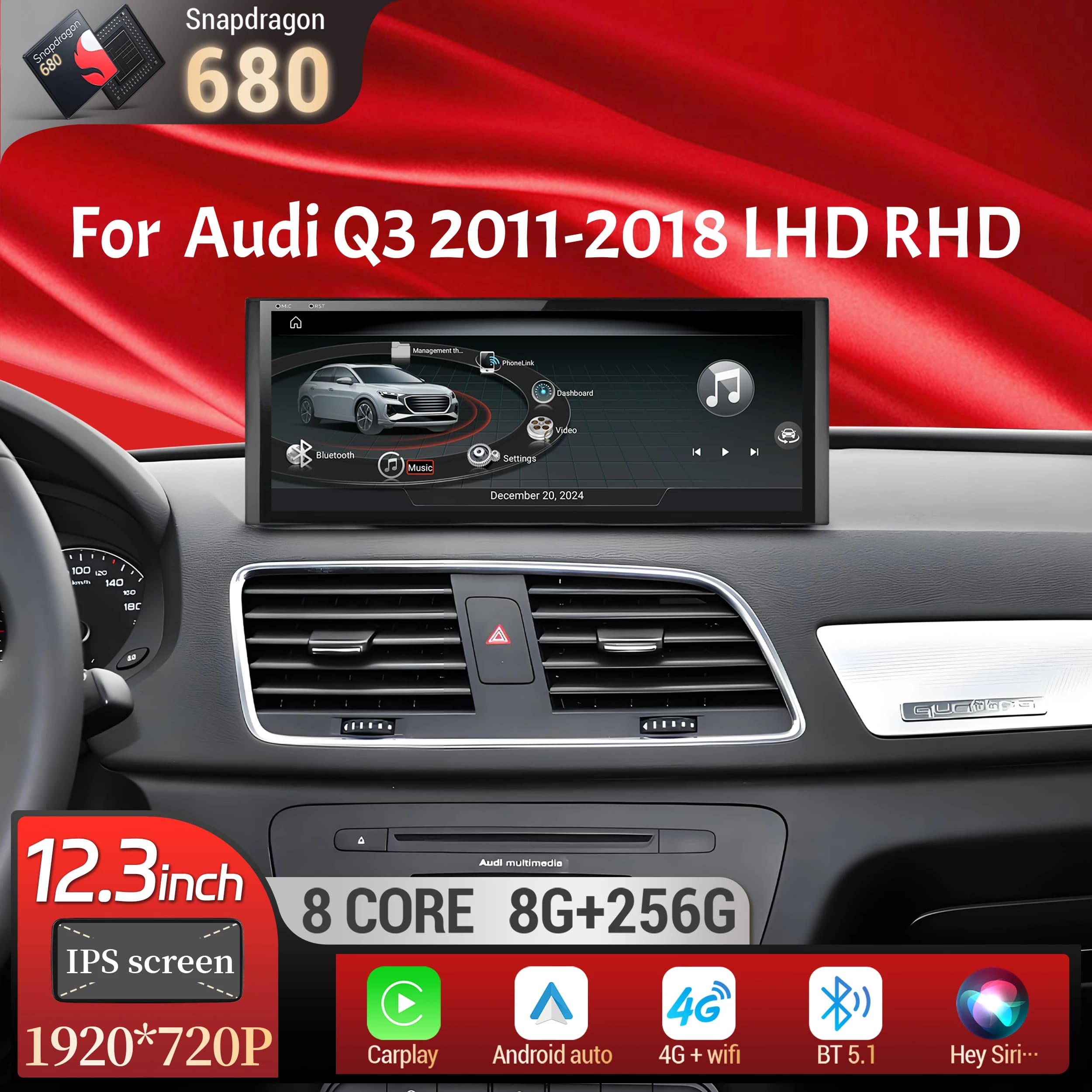 12.3 pollici Android 13 Autoradio Per Audi Q3 2011-2018 Senza Fili Bluetooth Carplay Qualcomm Snapdragon 680 Sistema Unità Principale schermo